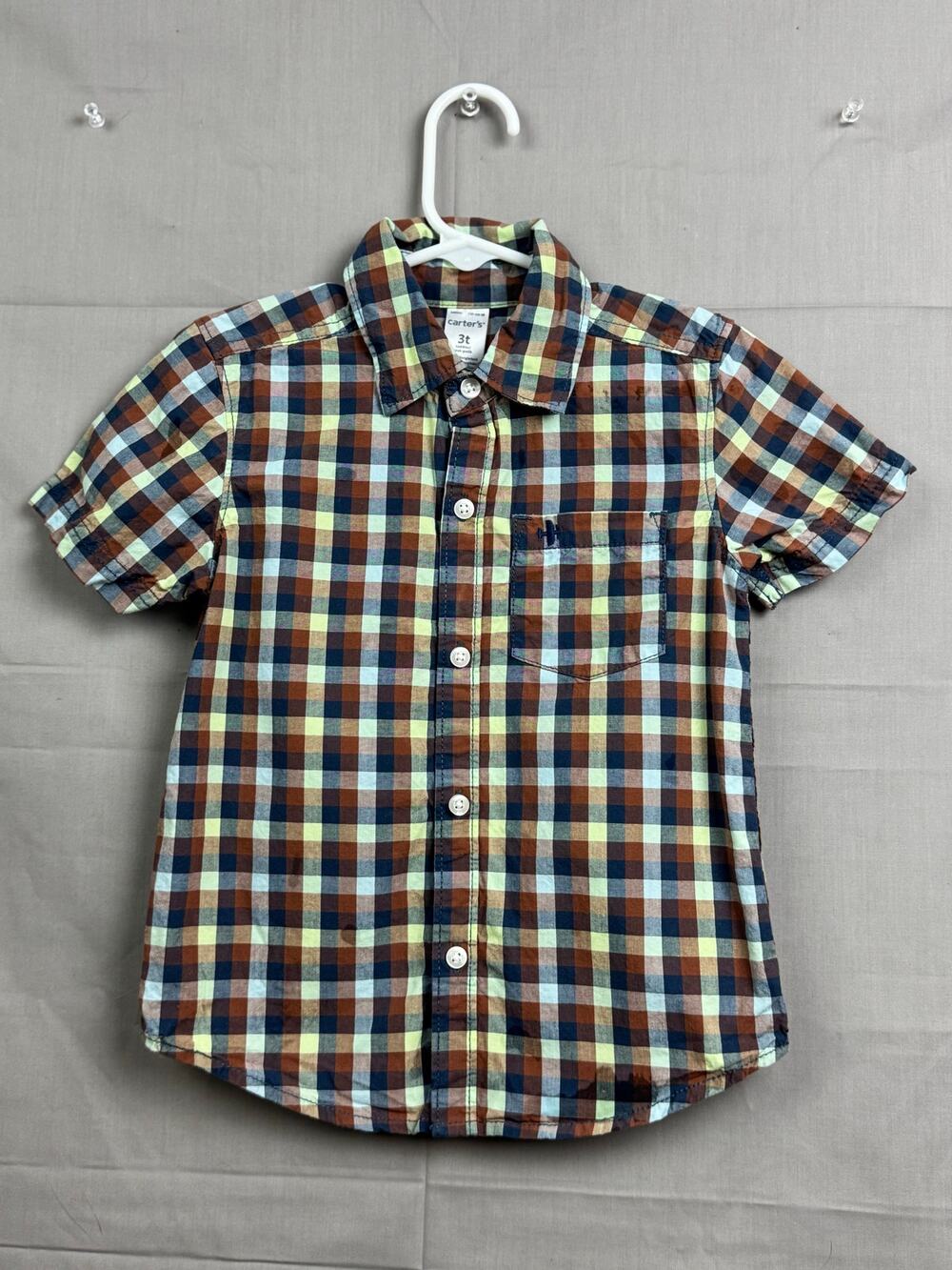 Carter’s Toddler Boys Button-Up Shirt  – Multicolor Plaid Short Sleeve, Size 3T